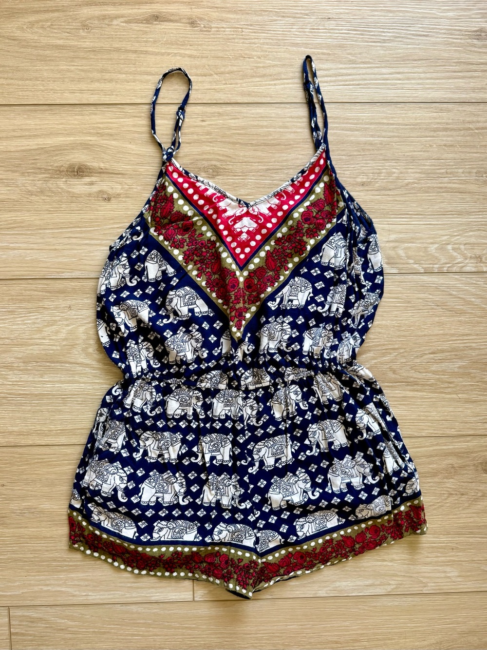 Angie Elephant Print Boho Romper Navy Red Floral With Pockets Size S